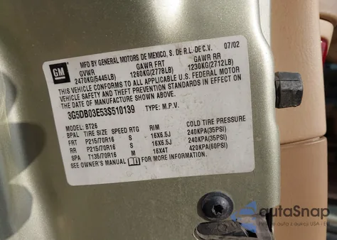 2003 Buick Rendezvous Cx z USA, uszkodzony, nr VIN 3G5DB03E53S510139